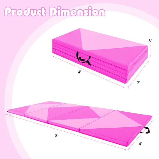 8 Feet PU Leather Folding Gymnastics Mat with Hook and Loop Fasteners-Pink