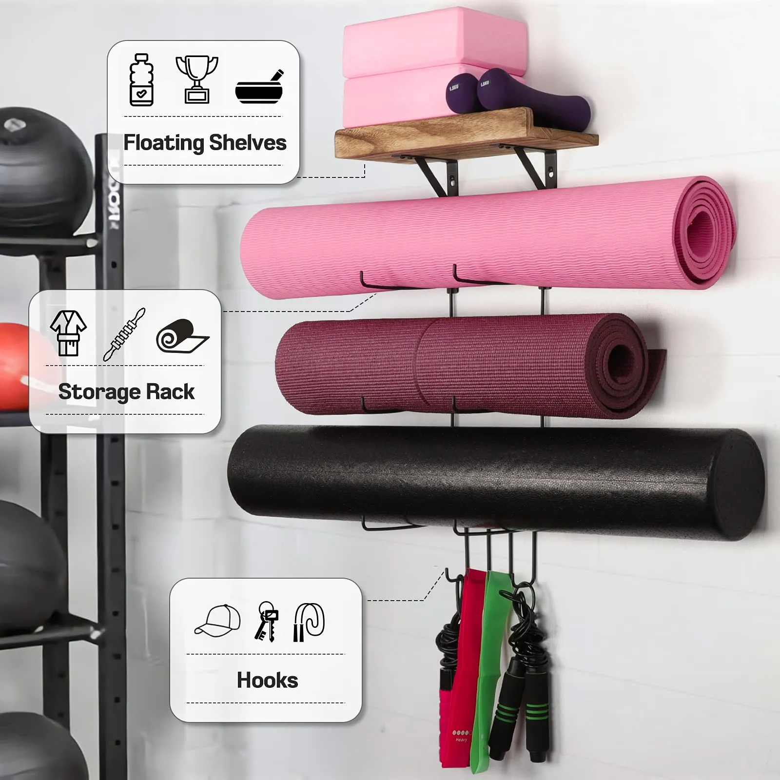 Bikoney Yoga Mat Holder Wall Mount Yoga Mat Storage Home Gym Accessories with Wood Floating Shelves and 4 Hooks for Hanging Foam Roller and Resistance Bands Fitness Home Gym Carbonized Black