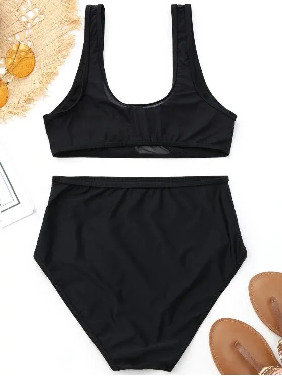 Cheap Mesh Insert High Waisted Sports Bikini