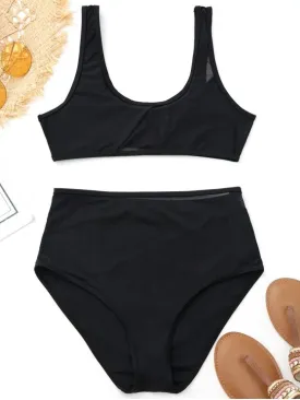 Cheap Mesh Insert High Waisted Sports Bikini