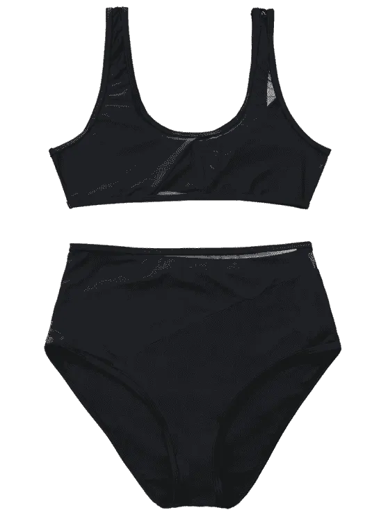 Cheap Mesh Insert High Waisted Sports Bikini