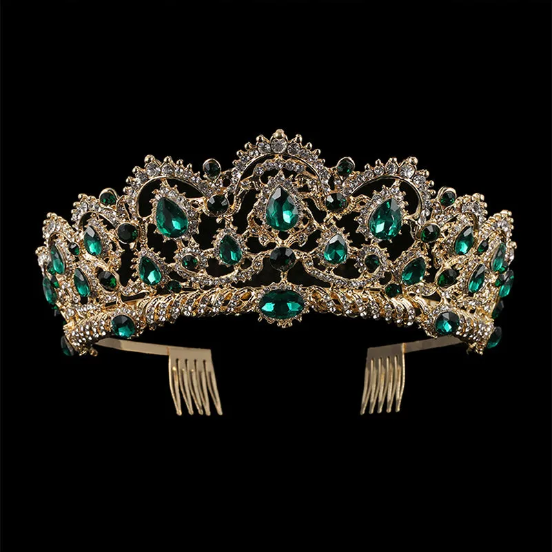 European Crystal Tiaras Vintage Gold Rhinestone Pageant Crowns With Comb Baroque Wedding Hair Accessories