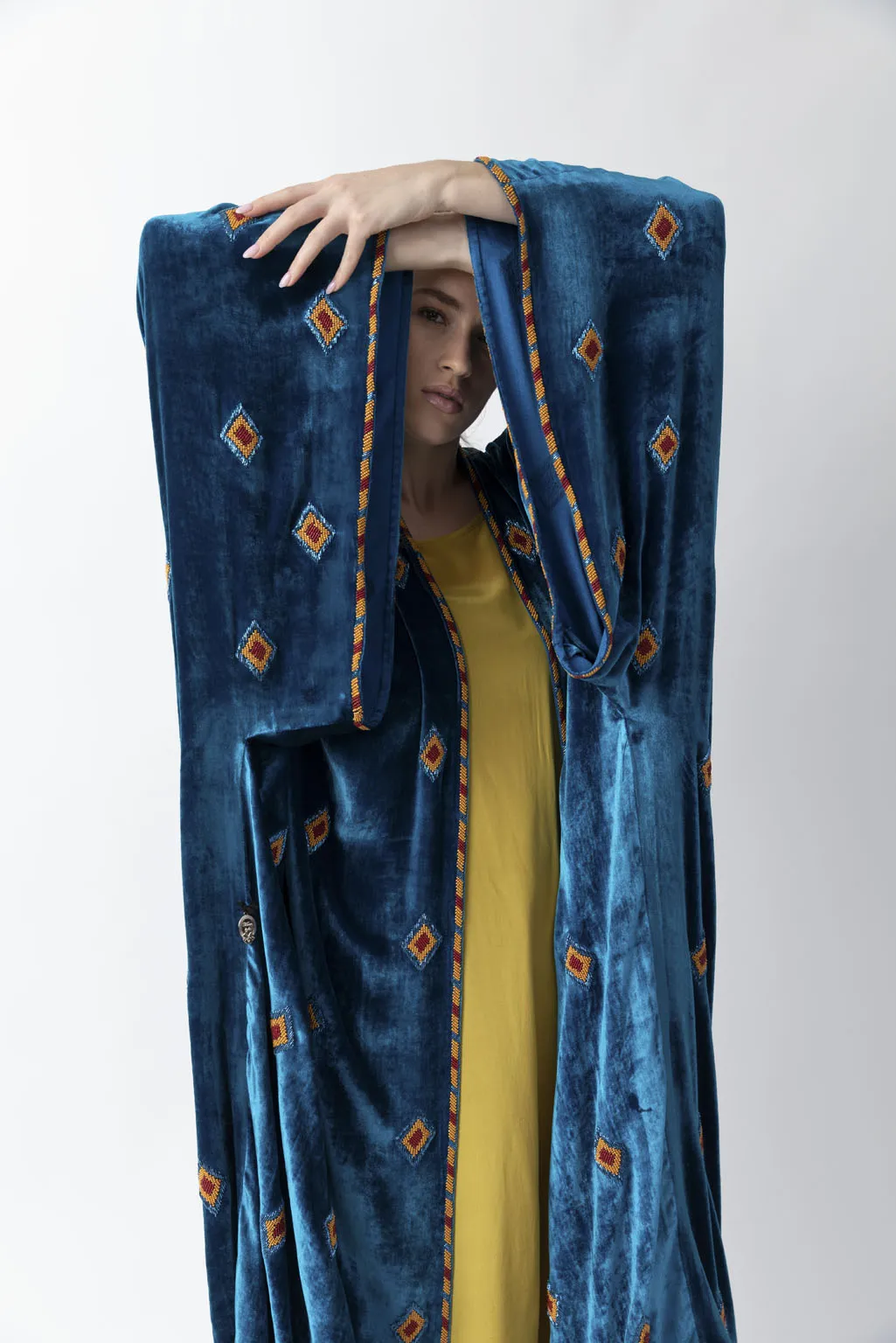 Exclusive Sadu Art Inspired Embroidery Yale Blue Velvet Abaya WV2222