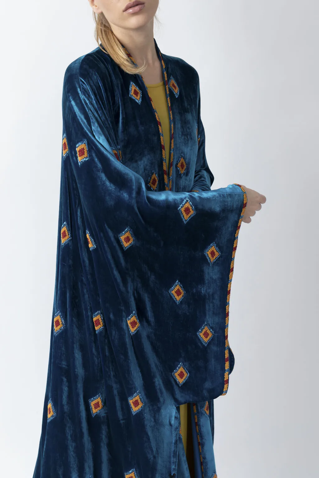 Exclusive Sadu Art Inspired Embroidery Yale Blue Velvet Abaya WV2222