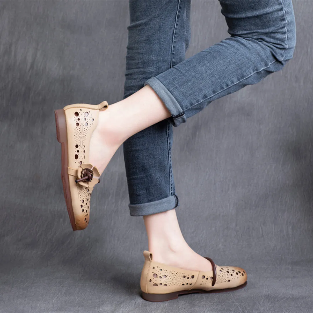 Eyelets Breathable Leather Flower Slip-On Shoes