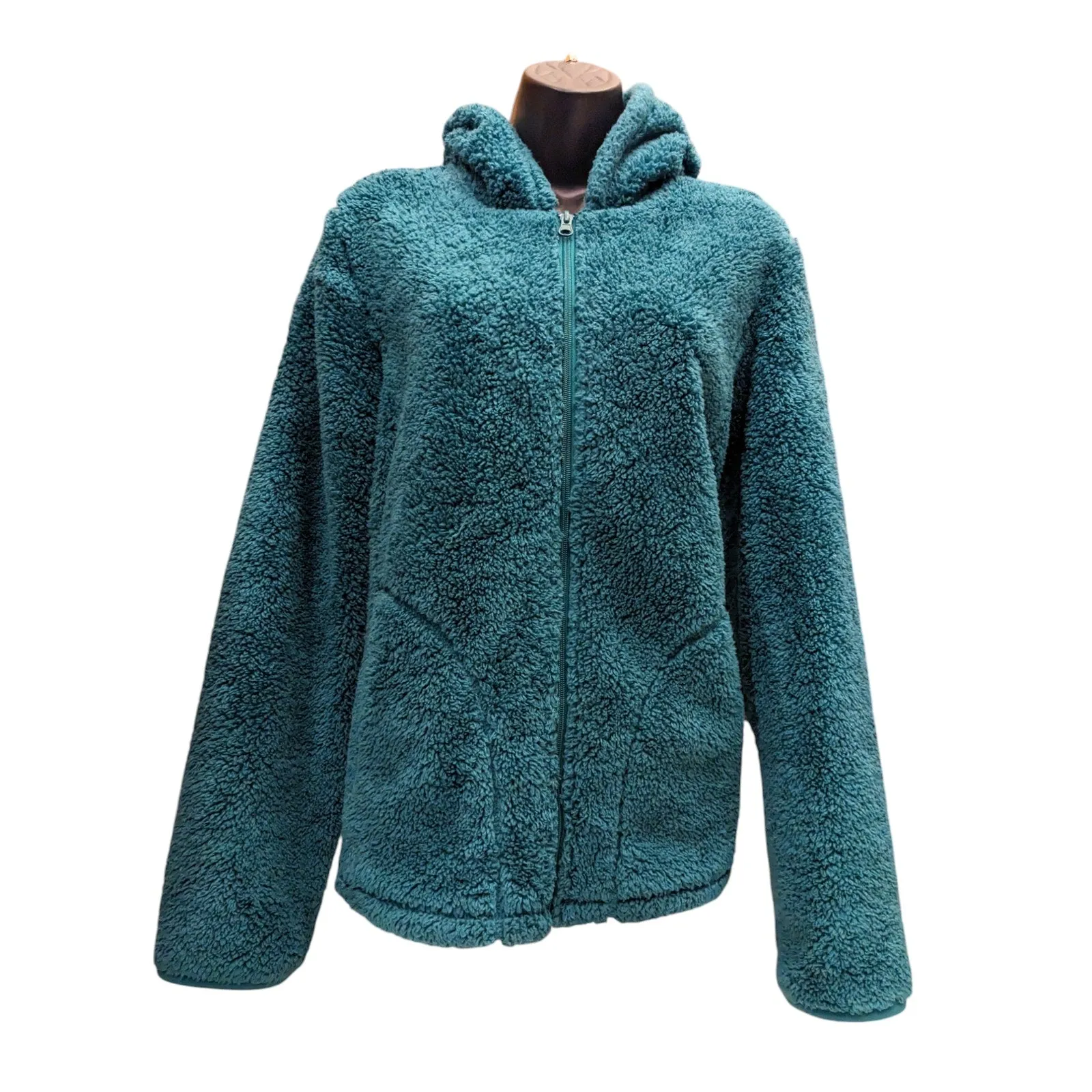 Faded Glory Sherpa Fleece Jacket Womens Large 12-14 Teal Hooded Zip Cozy Lounge