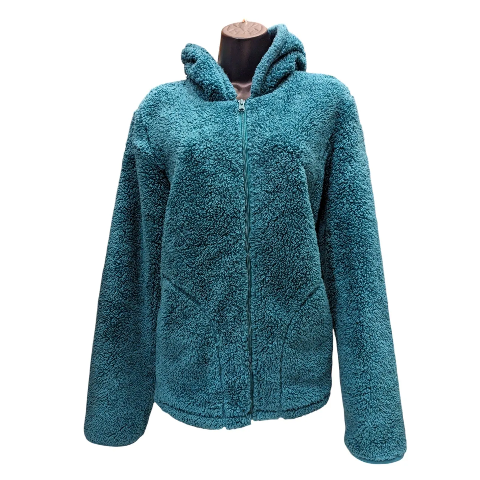 Faded Glory Sherpa Fleece Jacket Womens Large 12-14 Teal Hooded Zip Cozy Lounge