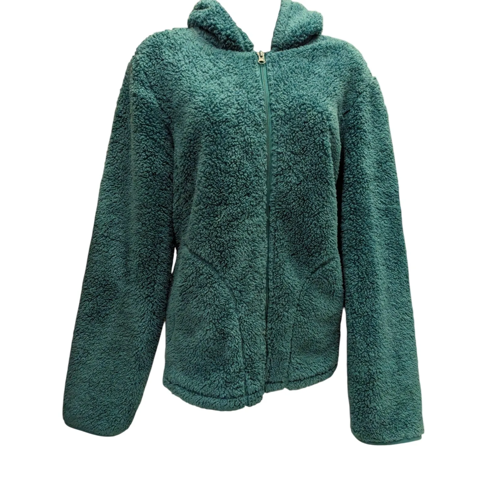 Faded Glory Sherpa Fleece Jacket Womens Large 12-14 Teal Hooded Zip Cozy Lounge