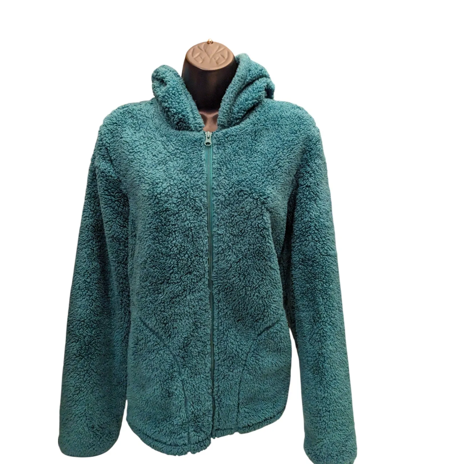 Faded Glory Sherpa Fleece Jacket Womens Large 12-14 Teal Hooded Zip Cozy Lounge