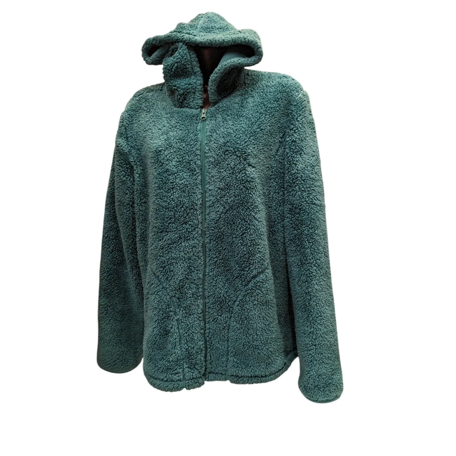 Faded Glory Sherpa Fleece Jacket Womens Large 12-14 Teal Hooded Zip Cozy Lounge