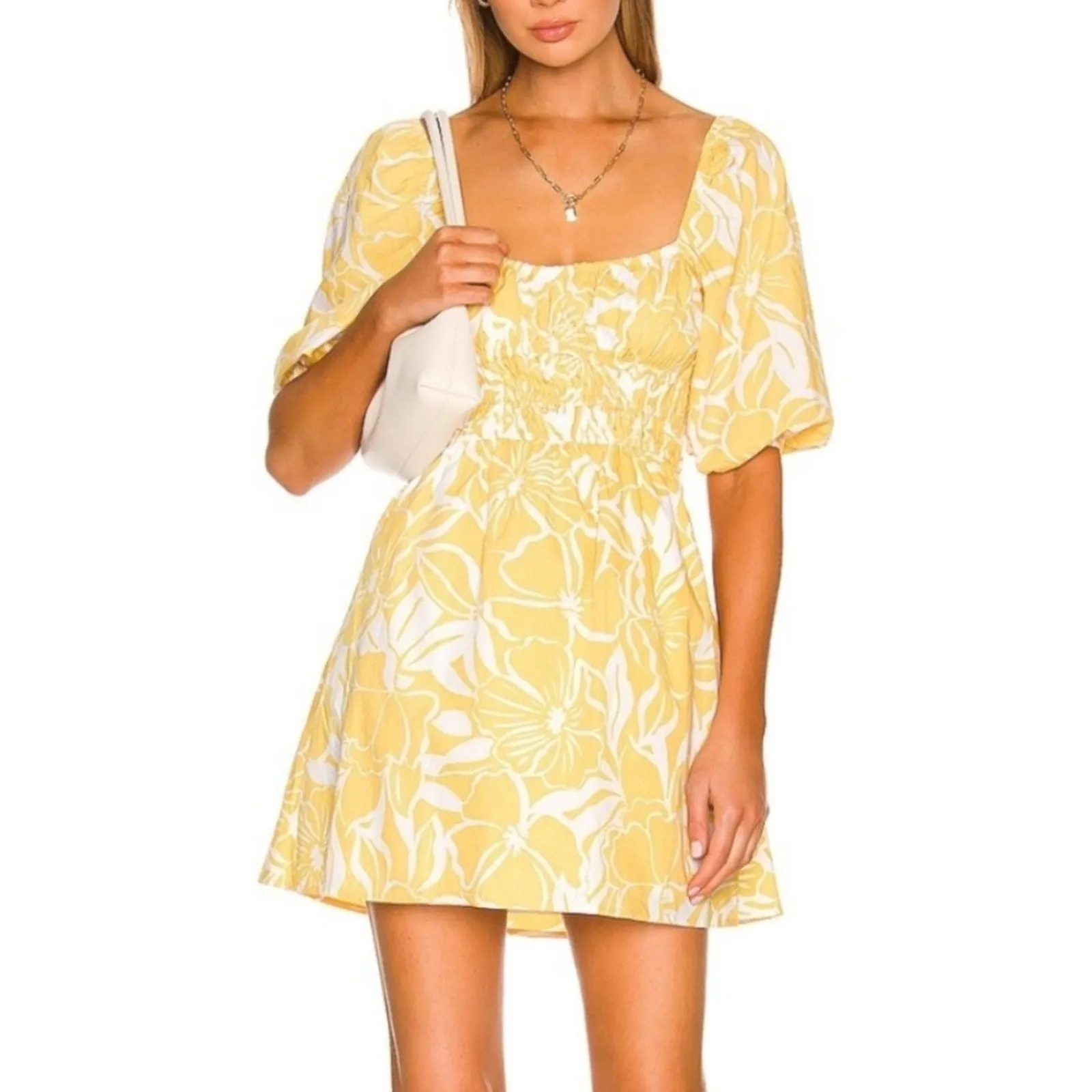 Faithfull The Brand Marinelli Floral Puff Sleeve Square Neck Mini Dress (Small)