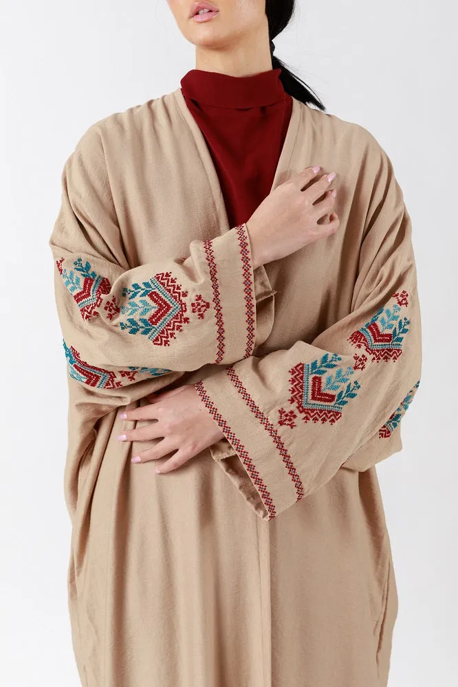 Handcrafted Multicolor Cross Stitch Highlights Brown Abaya JDA004