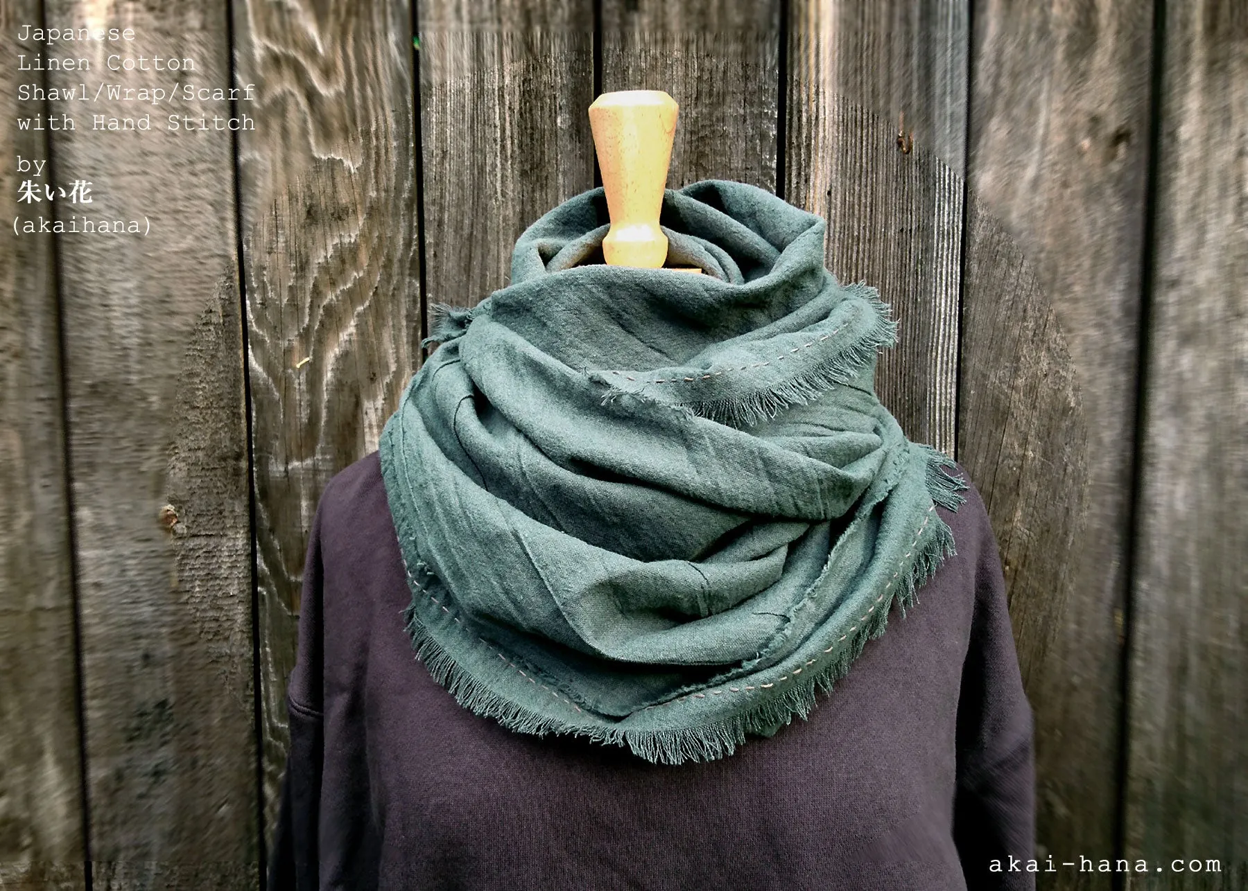 Japanese Linen & Cotton Wrap Scarf with Kakishibu-Stitch, Mushi Ao, Greenish Gray