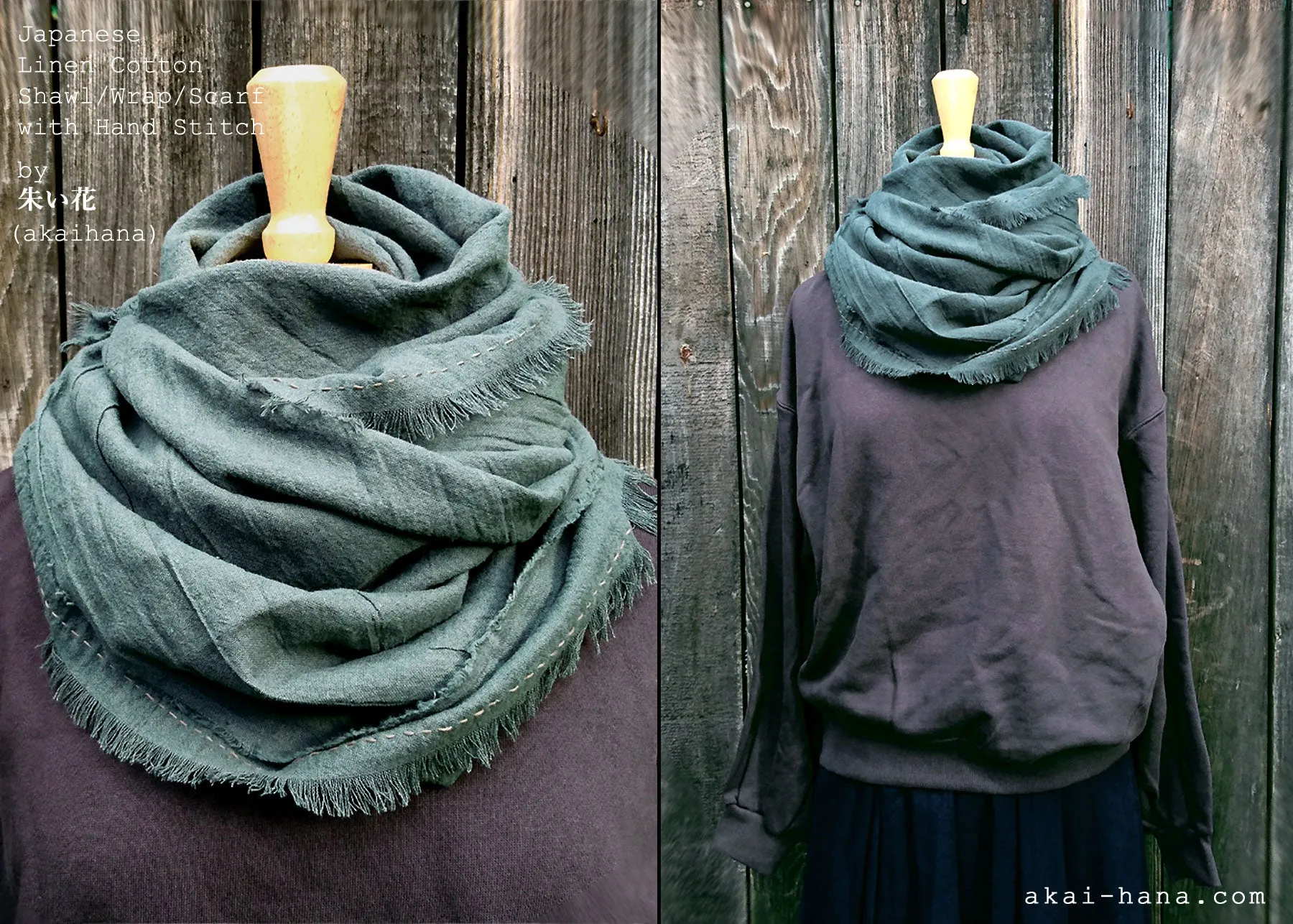 Japanese Linen & Cotton Wrap Scarf with Kakishibu-Stitch, Mushi Ao, Greenish Gray