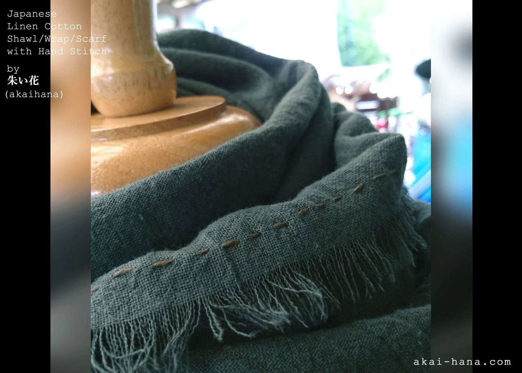 Japanese Linen & Cotton Wrap Scarf with Kakishibu-Stitch, Mushi Ao, Greenish Gray