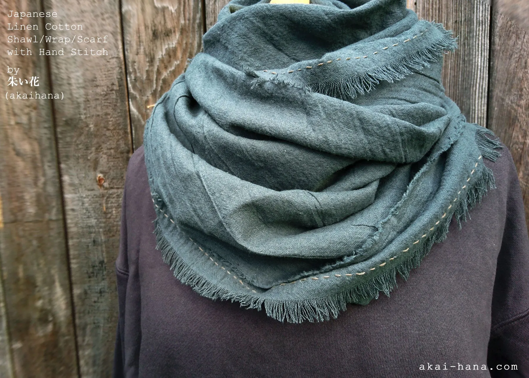 Japanese Linen & Cotton Wrap Scarf with Kakishibu-Stitch, Mushi Ao, Greenish Gray