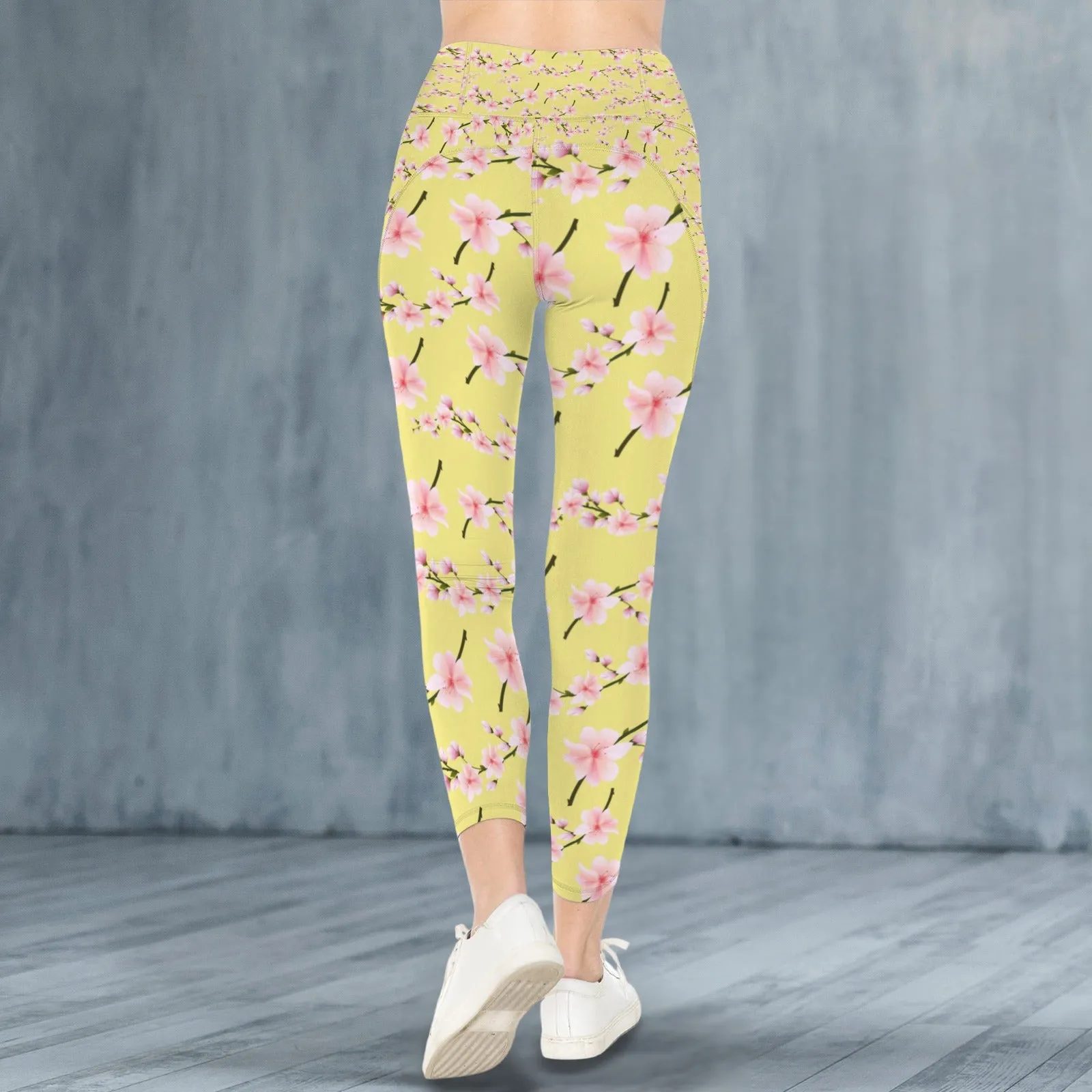 Japanese Pink Flowers Lemon Leggings with Pockets up to 5 XL (FWS)