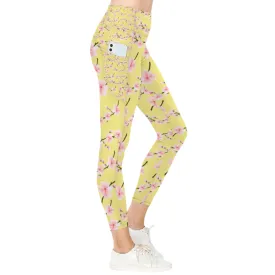 Japanese Pink Flowers Lemon Leggings with Pockets up to 5 XL (FWS)