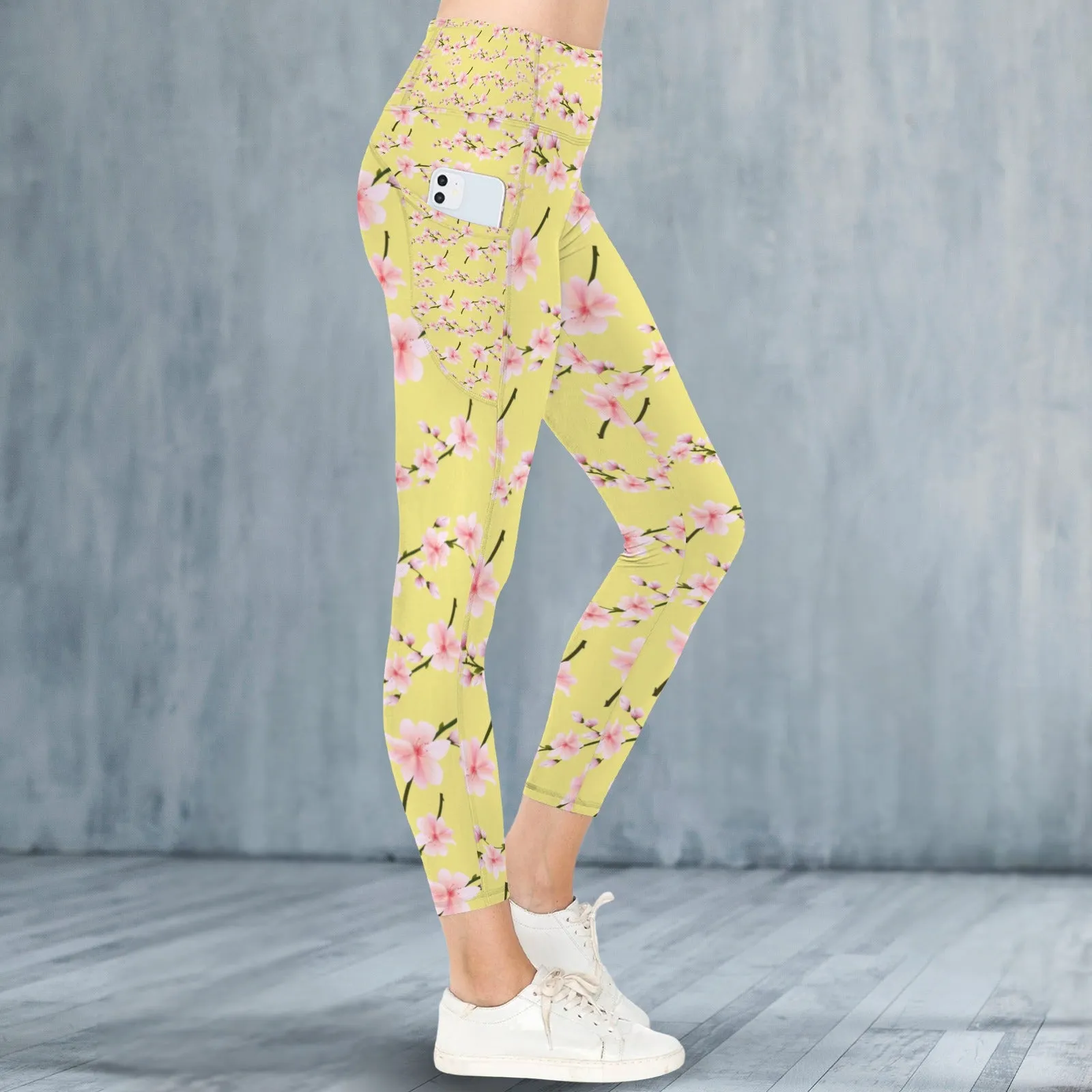 Japanese Pink Flowers Lemon Leggings with Pockets up to 5 XL (FWS)