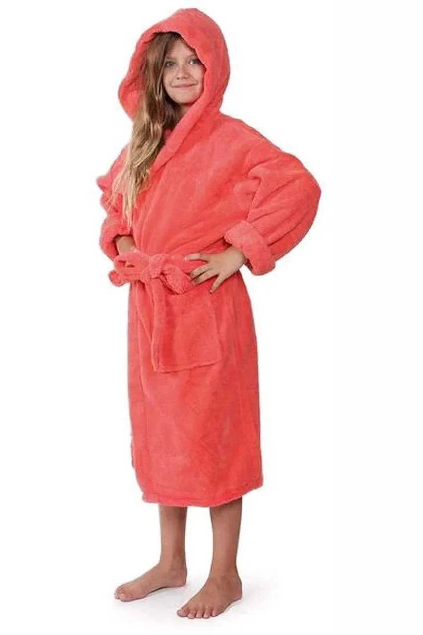 Kid's Fleece with Hooded Bathrobe, Warmth & Cozy, Soft & fast dry, (Coral)