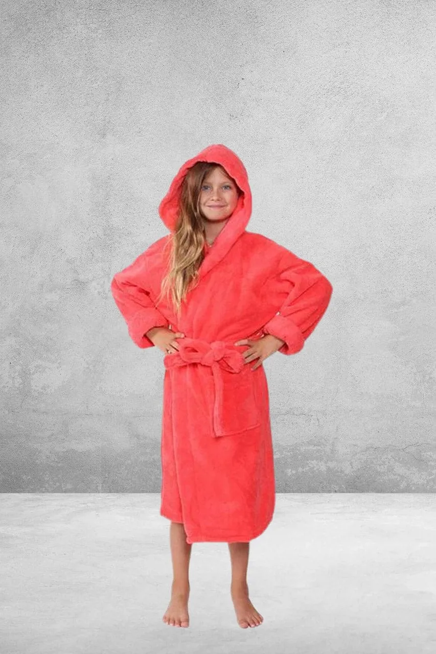 Kid's Fleece with Hooded Bathrobe, Warmth & Cozy, Soft & fast dry, (Coral)