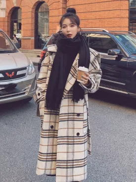 Loose Retro Plaid Mid-Length Woolen Women's Coat