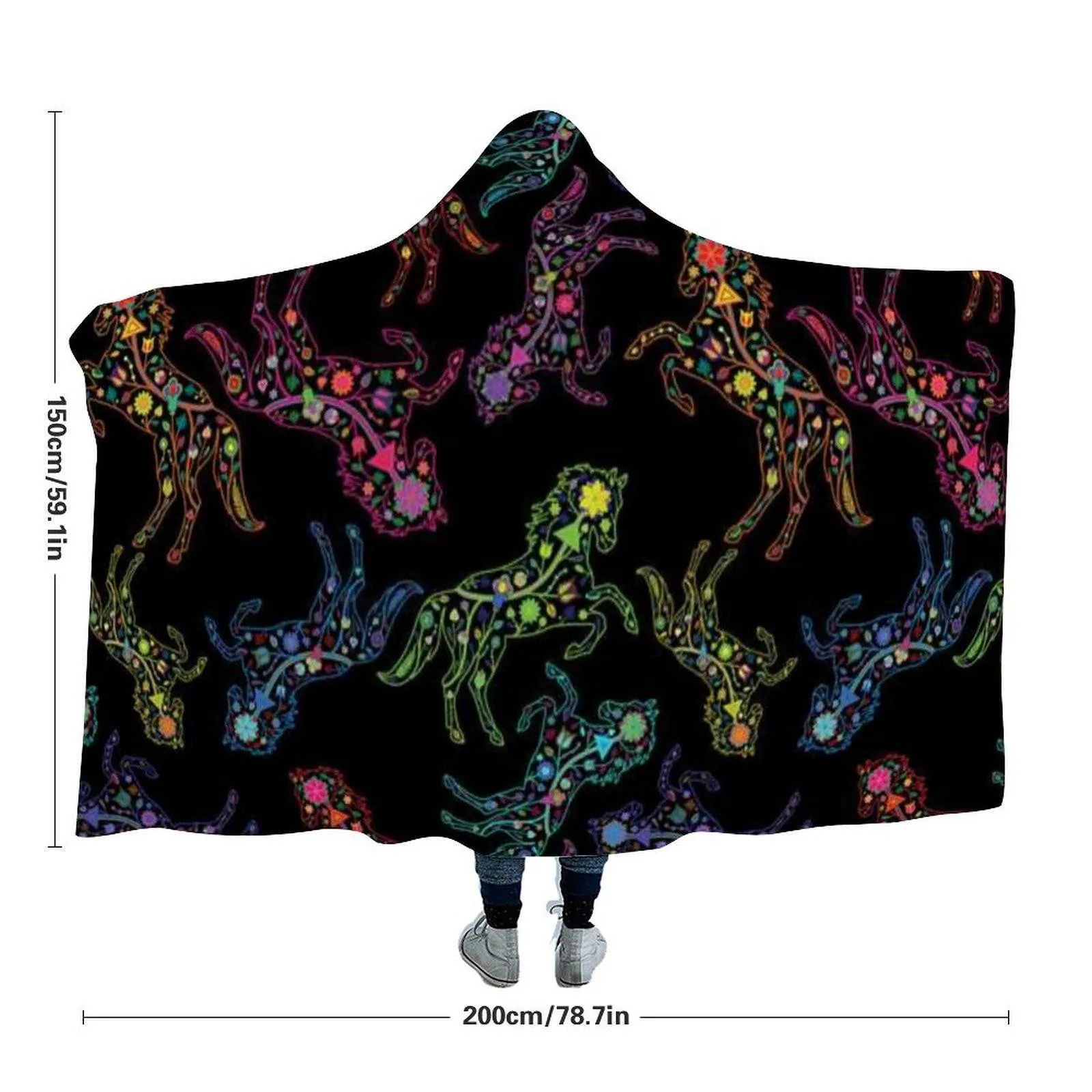 Neon Floral Horses Hooded Blanket