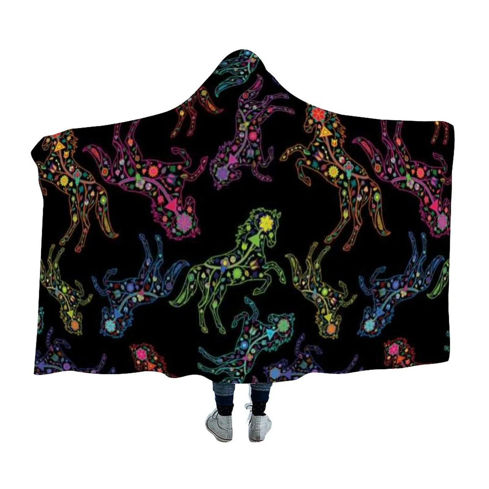 Neon Floral Horses Hooded Blanket