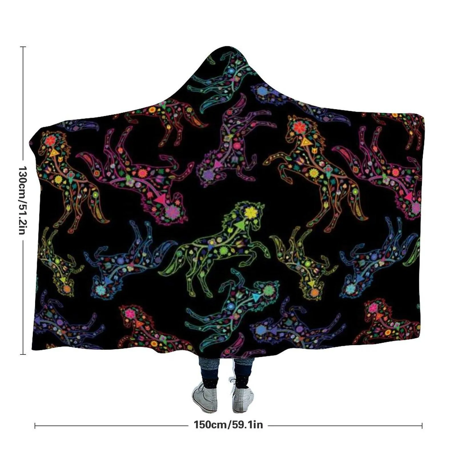 Neon Floral Horses Hooded Blanket