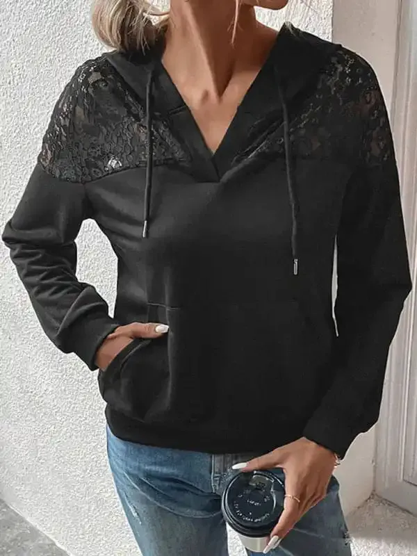 New long-sleeved black lace stitching women’s hooded sweater