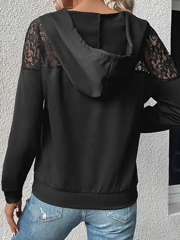 New long-sleeved black lace stitching women’s hooded sweater