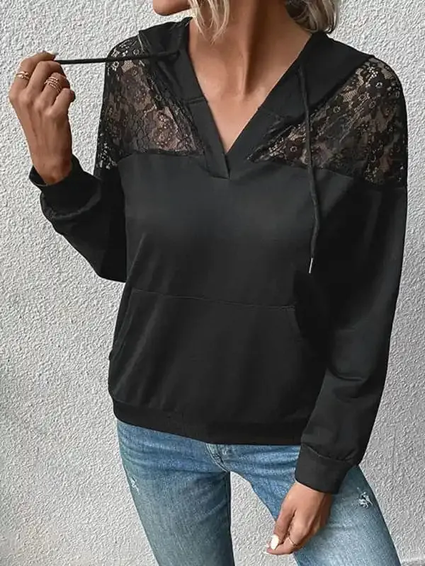 New long-sleeved black lace stitching women’s hooded sweater