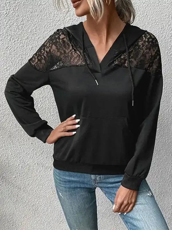 New long-sleeved black lace stitching women’s hooded sweater