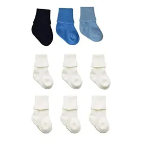 Newborn Unisex Booties Combed Cotton Turn-Cuff Sock, Ultra Soft Infant Socks, 6 Pair Pack Classic White and BONUS 3 Pair Blue