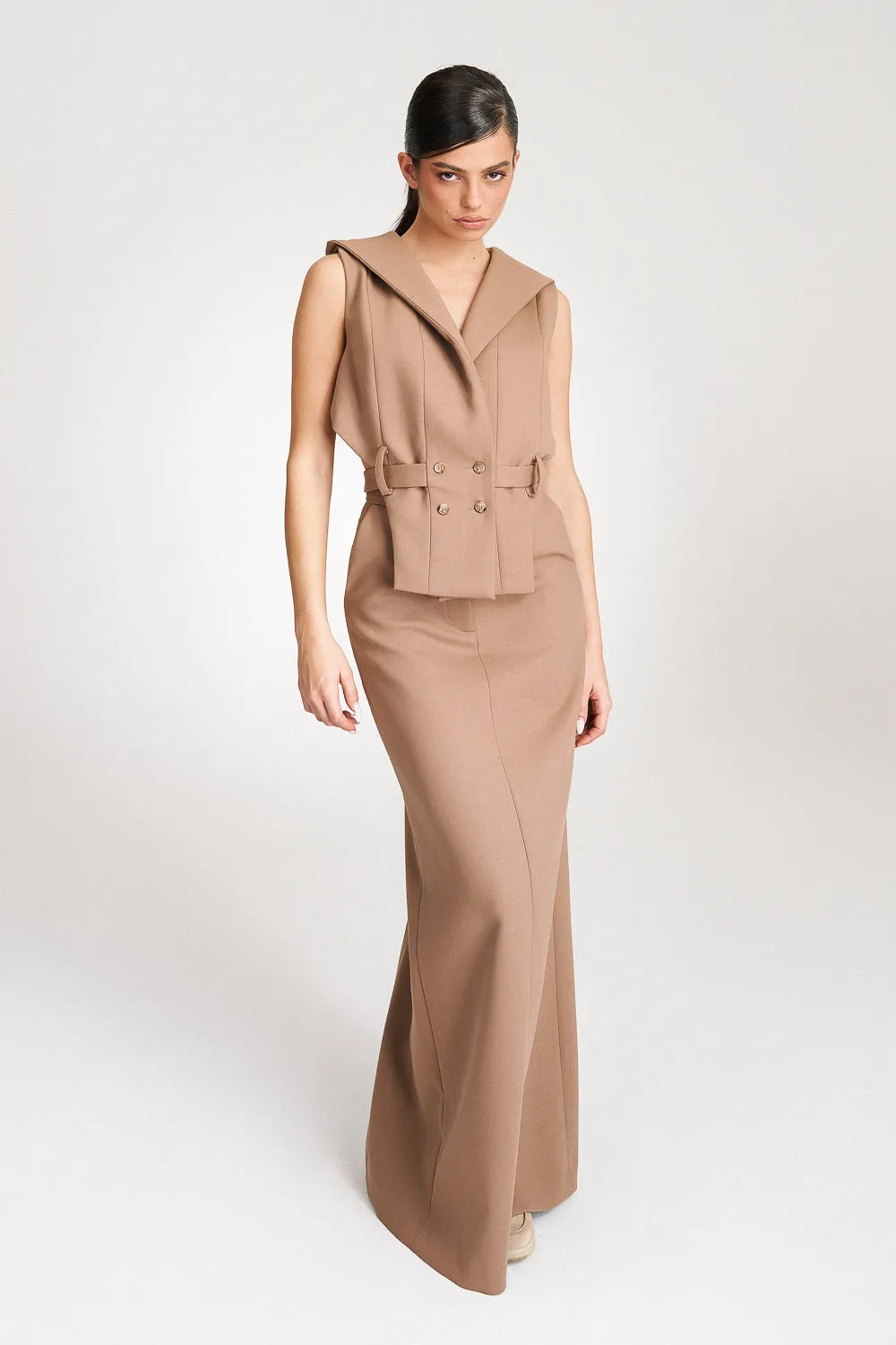 ’Noelle’ Beige High Waisted Tailored Maxi Skirt