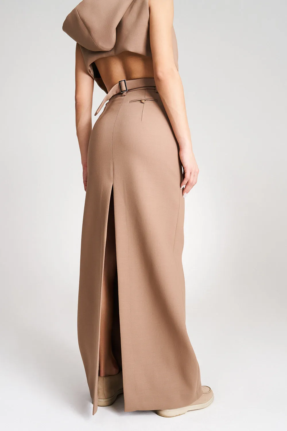 ’Noelle’ Beige High Waisted Tailored Maxi Skirt