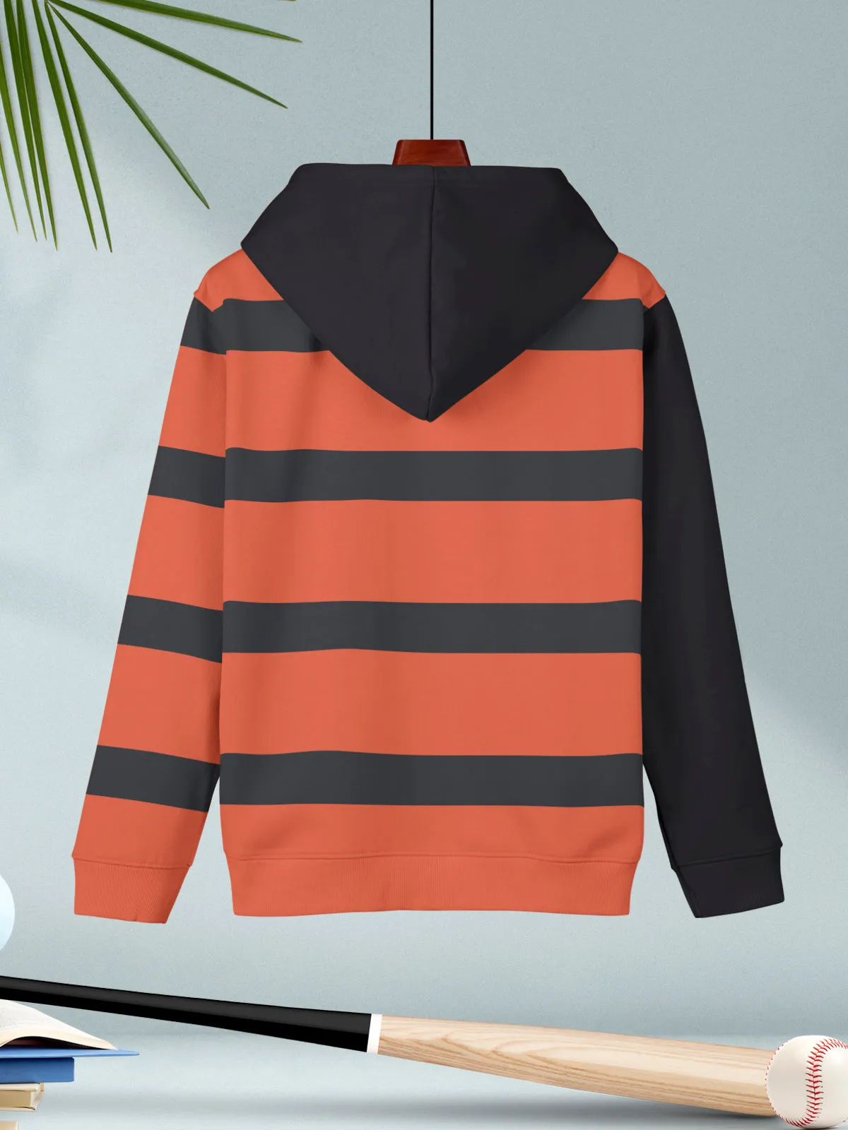 Orange Striped Cotton Blend Hoodie Sweatshirt For Boys