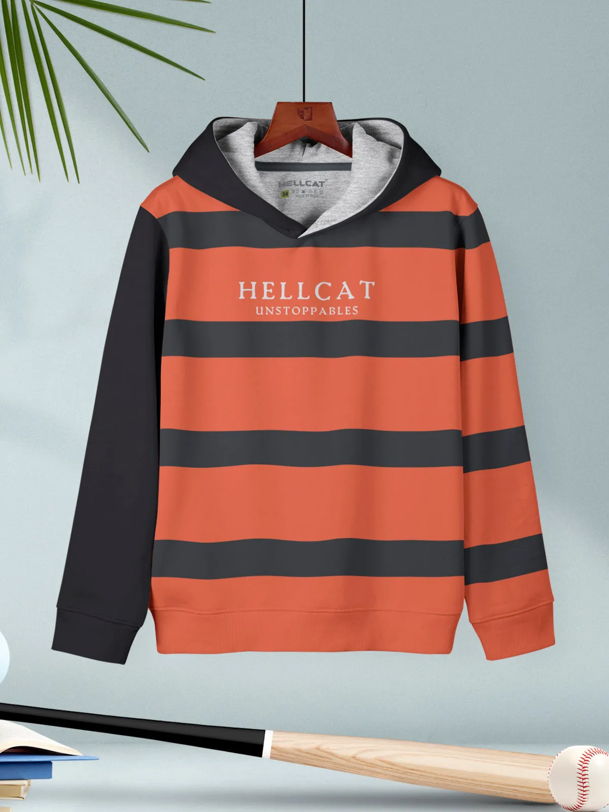 Orange Striped Cotton Blend Hoodie Sweatshirt For Boys