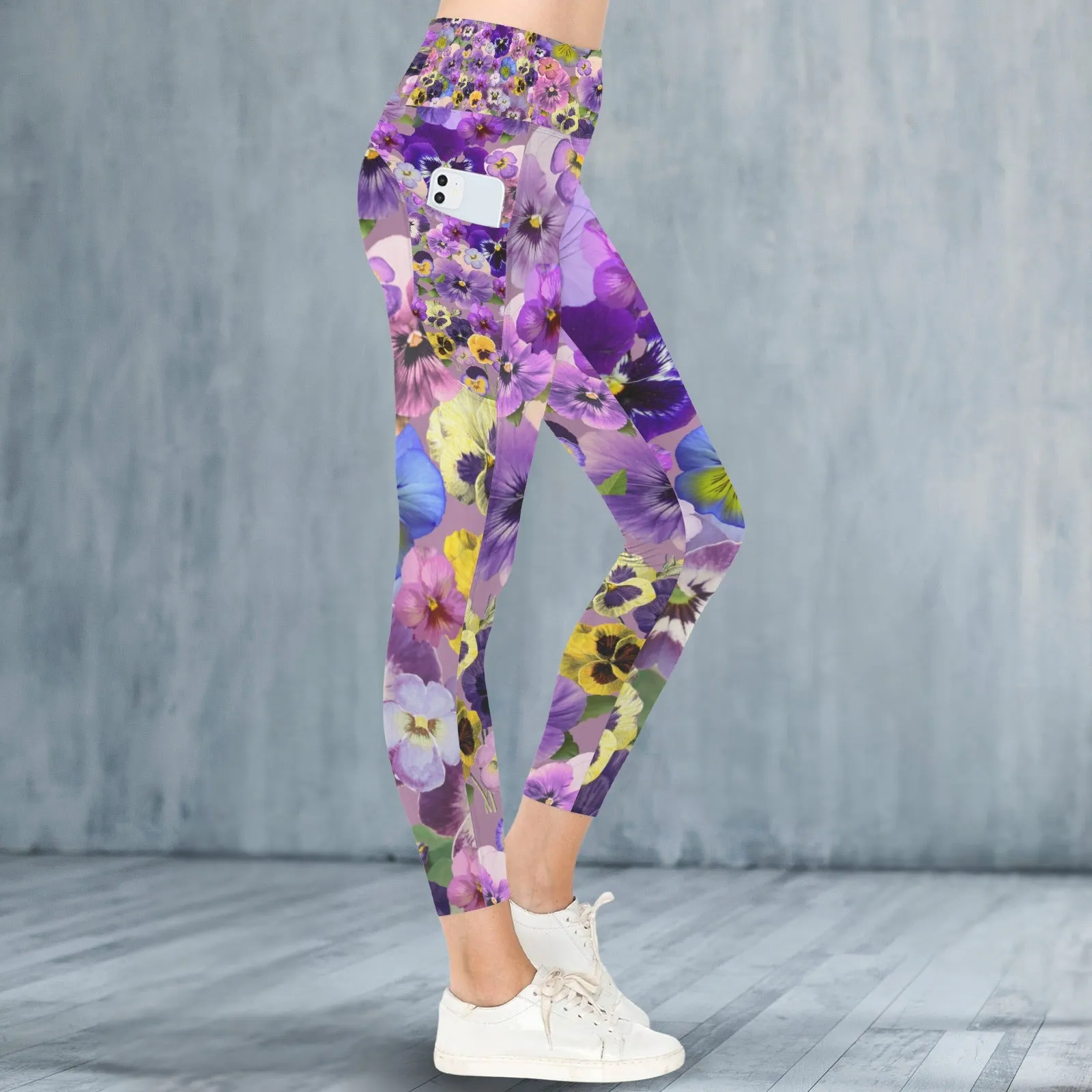 Pansies Retro Leggings with Pockets up to 5 XL (FWS)