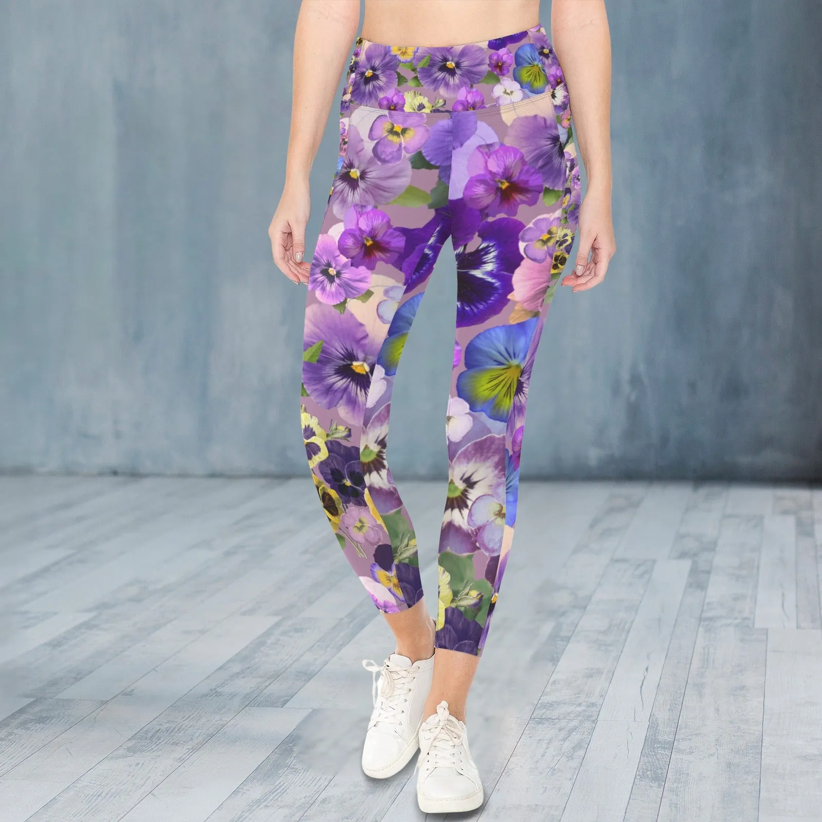 Pansies Retro Leggings with Pockets up to 5 XL (FWS)