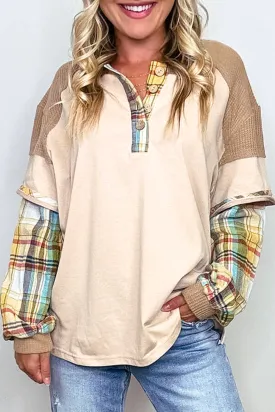 Parchment Plus Size Plaid Waffle Patchwork Henley Top