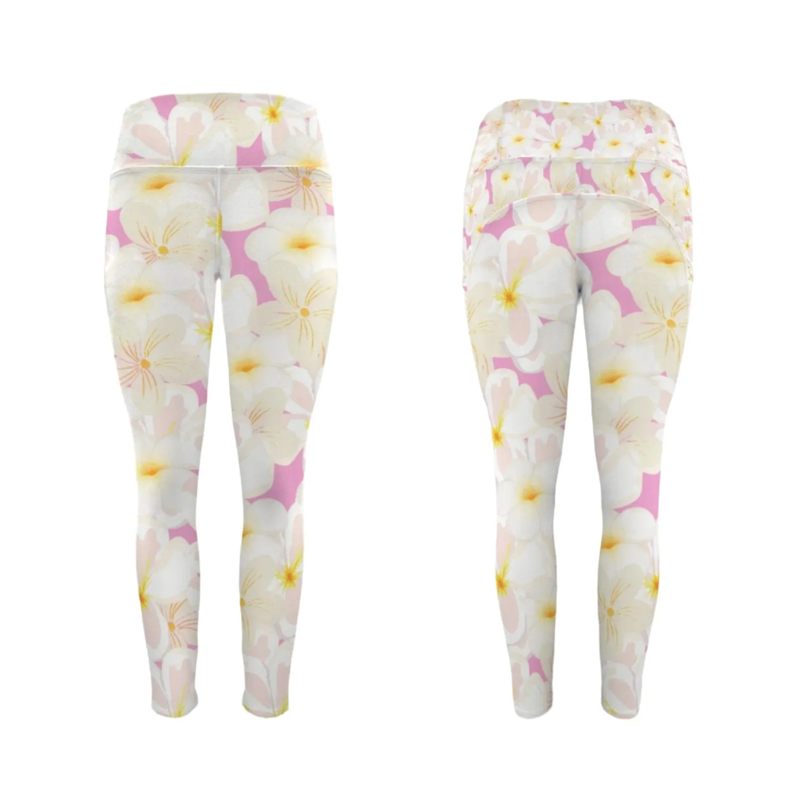 Pastel Frangipanis Pink Leggings with Pockets up to 5 XL (FWS)