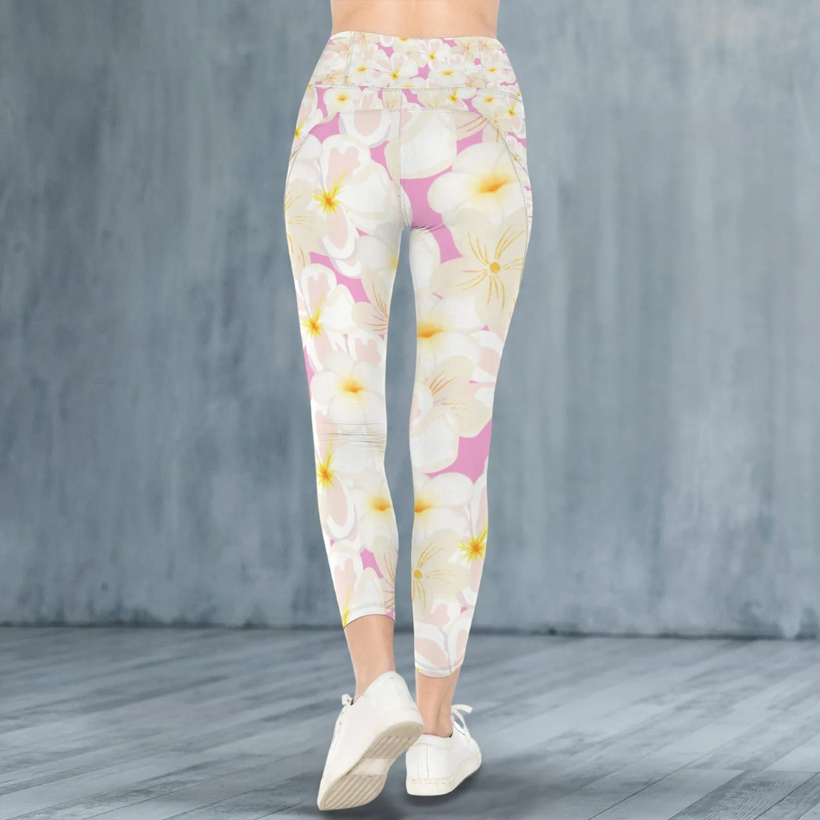 Pastel Frangipanis Pink Leggings with Pockets up to 5 XL (FWS)