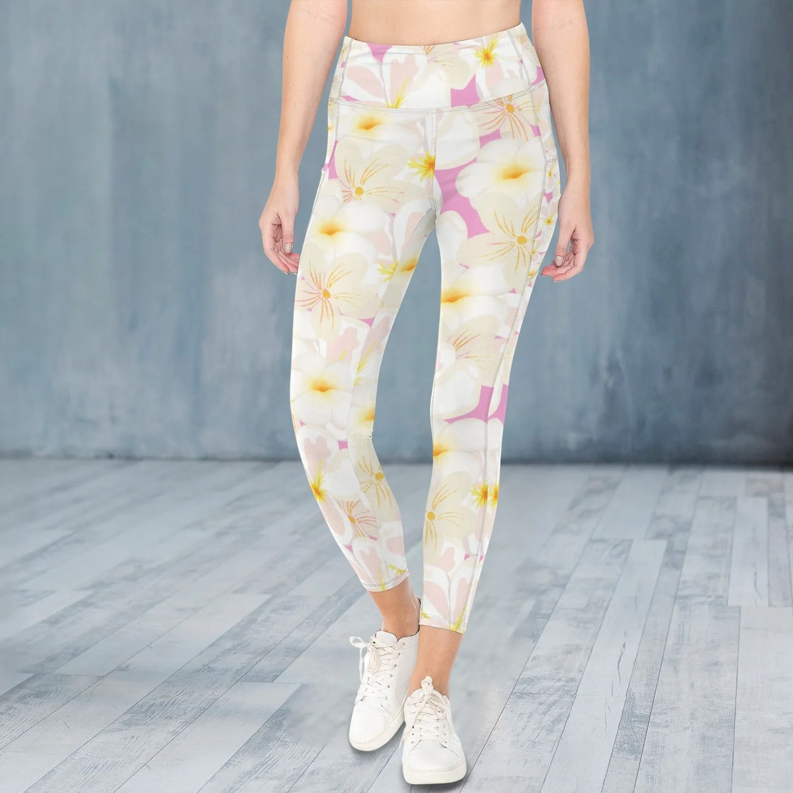 Pastel Frangipanis Pink Leggings with Pockets up to 5 XL (FWS)