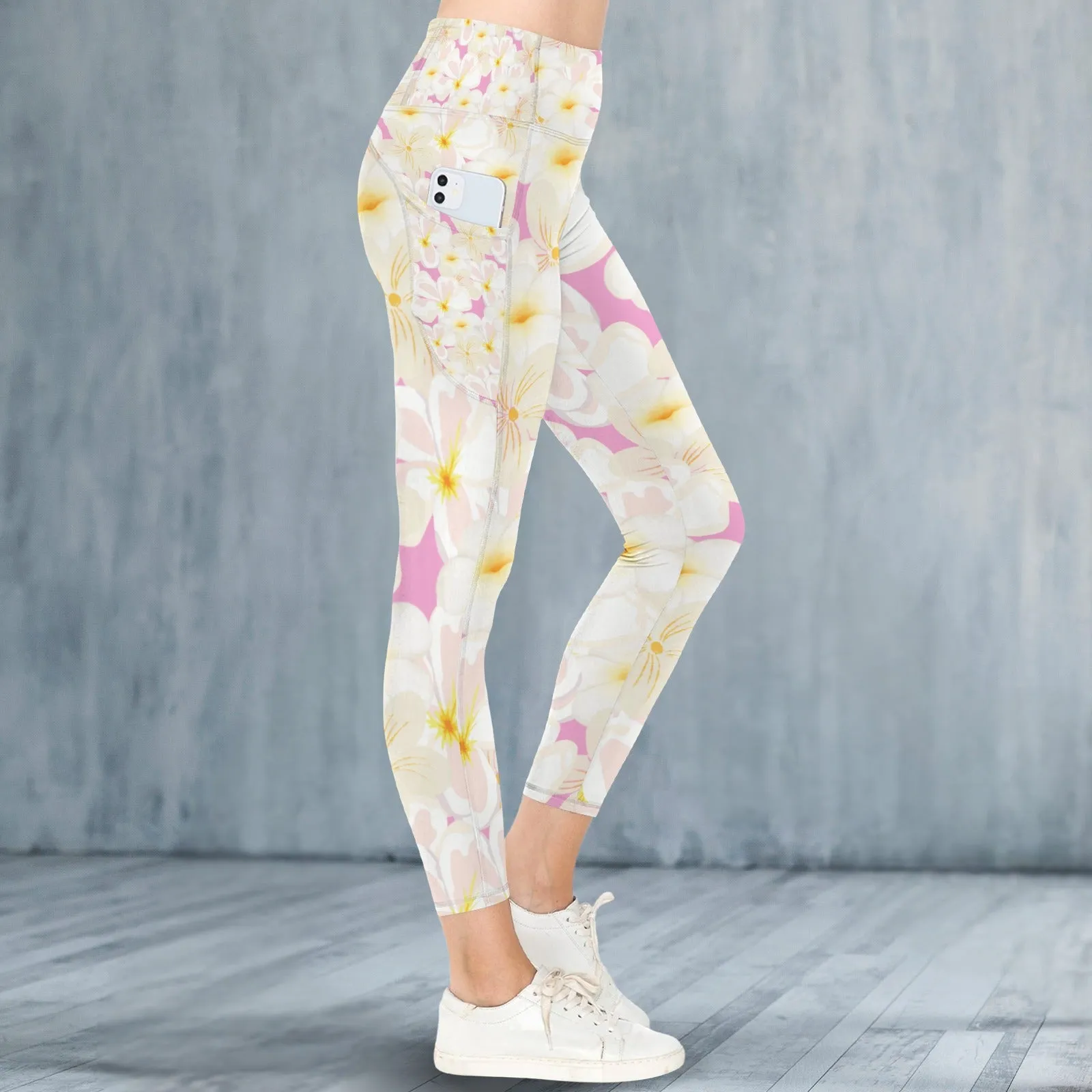 Pastel Frangipanis Pink Leggings with Pockets up to 5 XL (FWS)