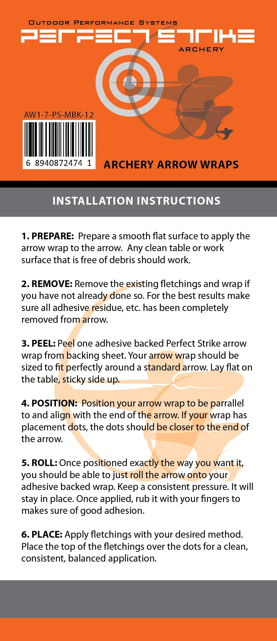 PERFECT FLETCH arrow cresting wraps by Perfect Strike Archery. ORANGE. Adhesive backed premium vinyl. 7" Arrow Wraps. (12)