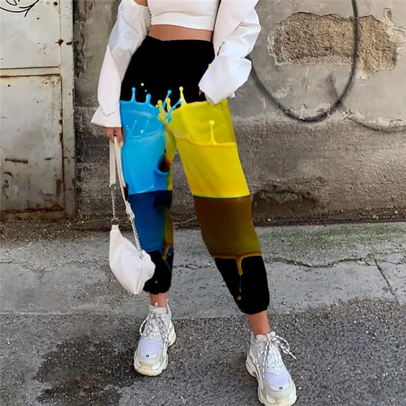 Pigment Trousers Women Colorful High Waist Pants Art 3d Printed Women Sweatpants