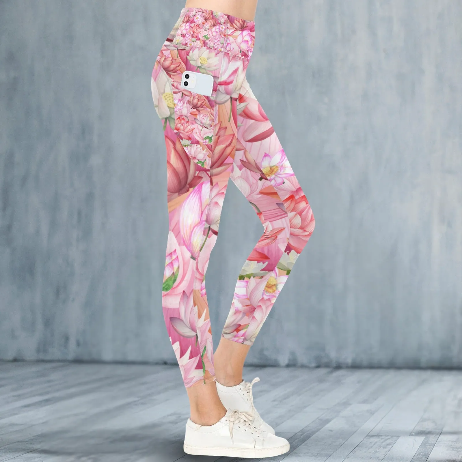 Pink Lotus Leggings with Pockets up to 5 XL (FWS)