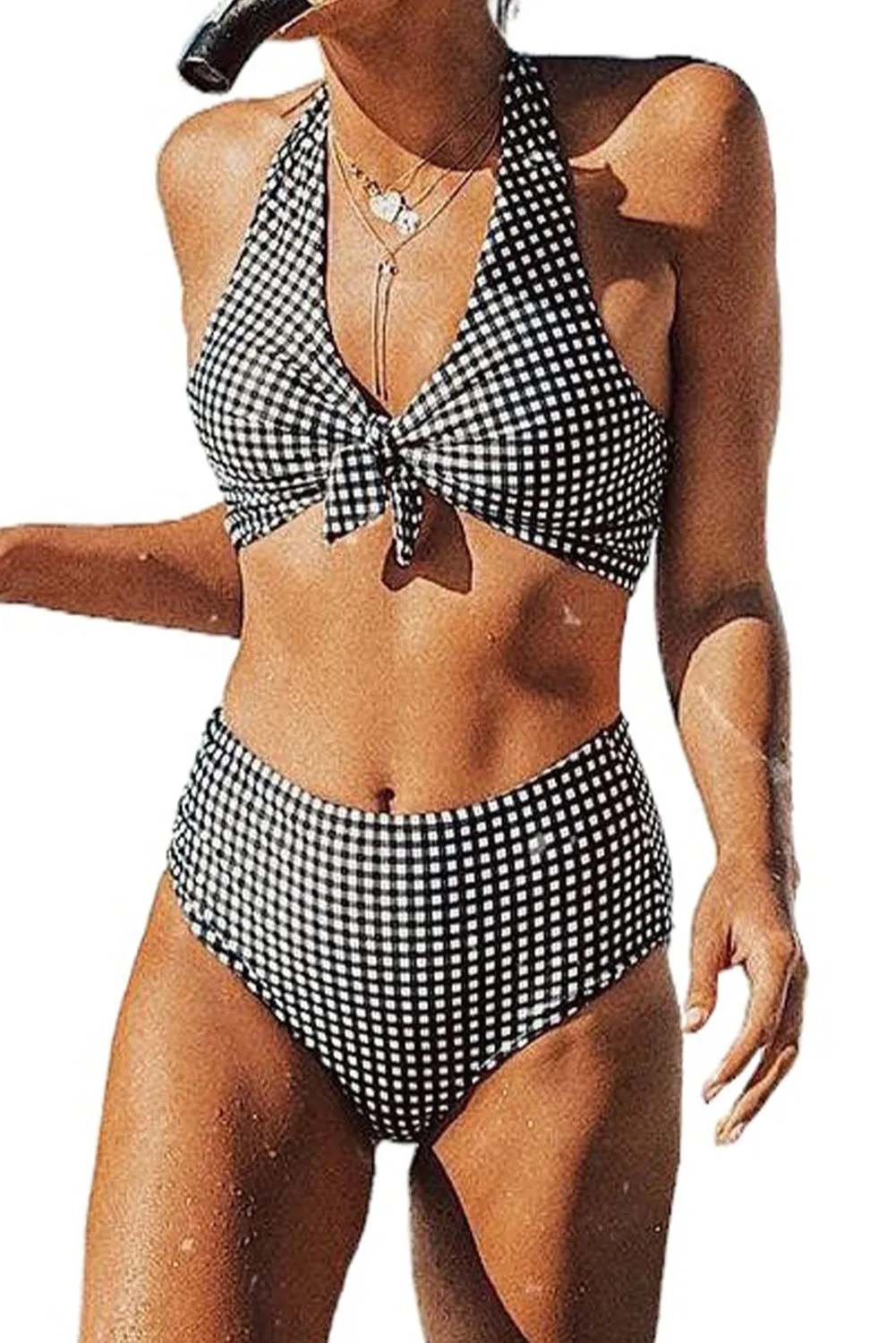 Plaid Bow Front Criss Cross High Waist Bikini