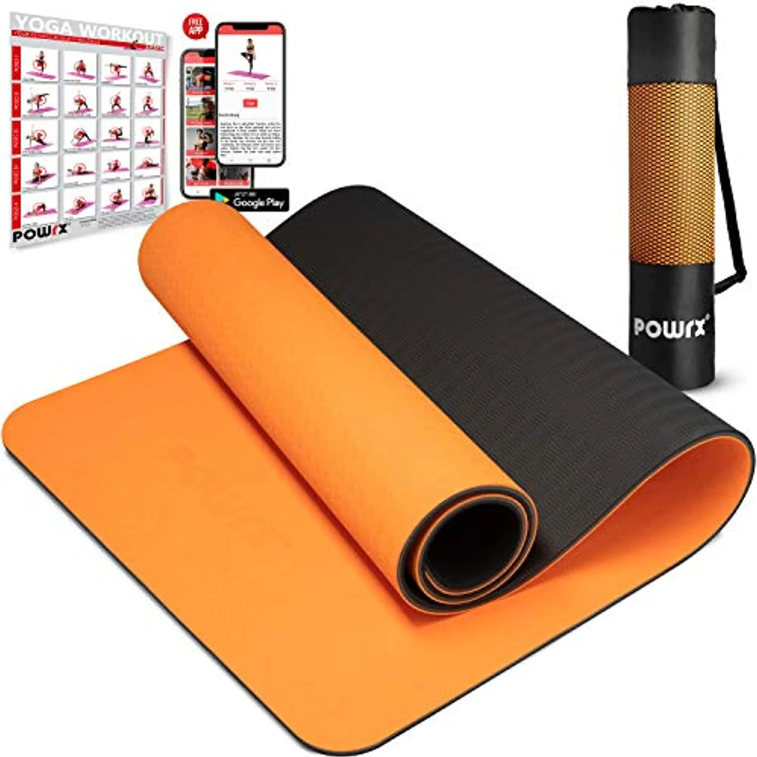 POWRX Yoga Mat 3-layer Technology incl. Carrying Strap   Bag | Excersize mat for workout | Non-slip large yoga mat, 67" x 24"